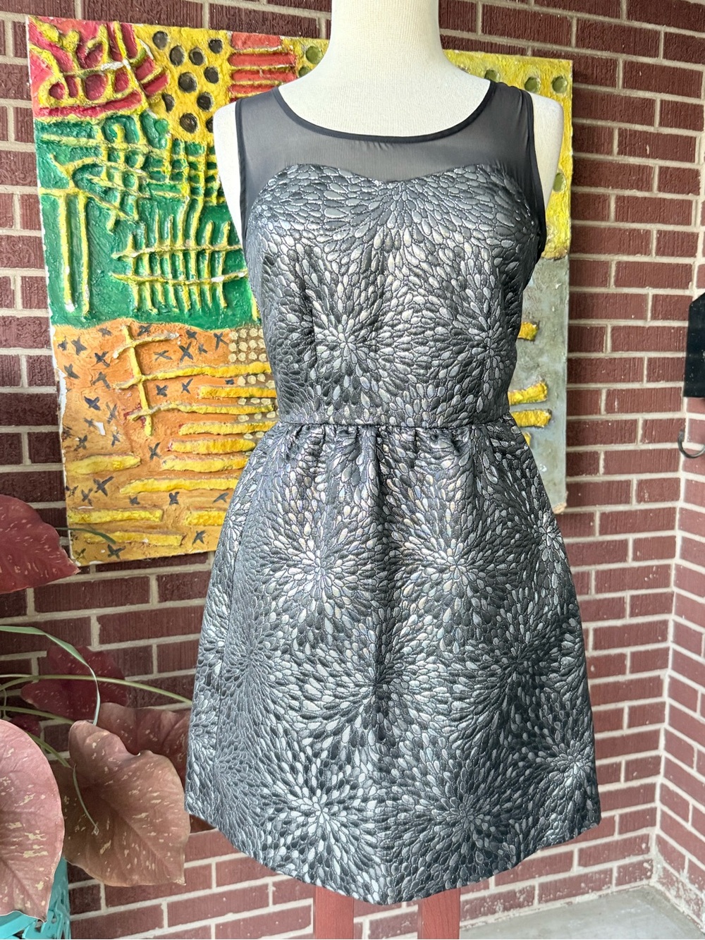 Elle Silver and Black Floral Brocade Mini Dress
